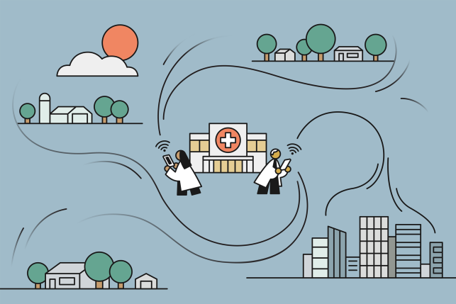 Illustration of doctors having trouble communicating with rural communities due to poor broadband service 