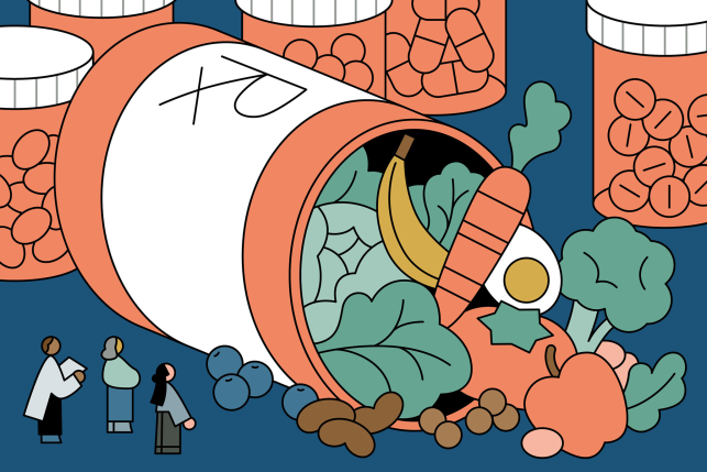 Doctor and others stand next to a large overturned orange pill bottle labeled "Rx" that is overflowing with healthy food.