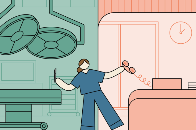 Surgeon holding a scalpel in one hand and a phone in the other, being pulled between an operating room and a reception area.