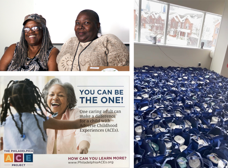 Jacqui Williams and Diane Monroe sit on 11th Street Family Health Services’ Community Advisory Committee; members helped develop a campaign to encourage people affected by trauma to seek help. During the pandemic, the health center has been distributing bags with cleaning supplies, hand sanitizer, masks, and information about how to stay safe.