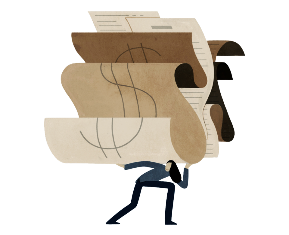 Illustration of woman burdened by heavy medical bill debt