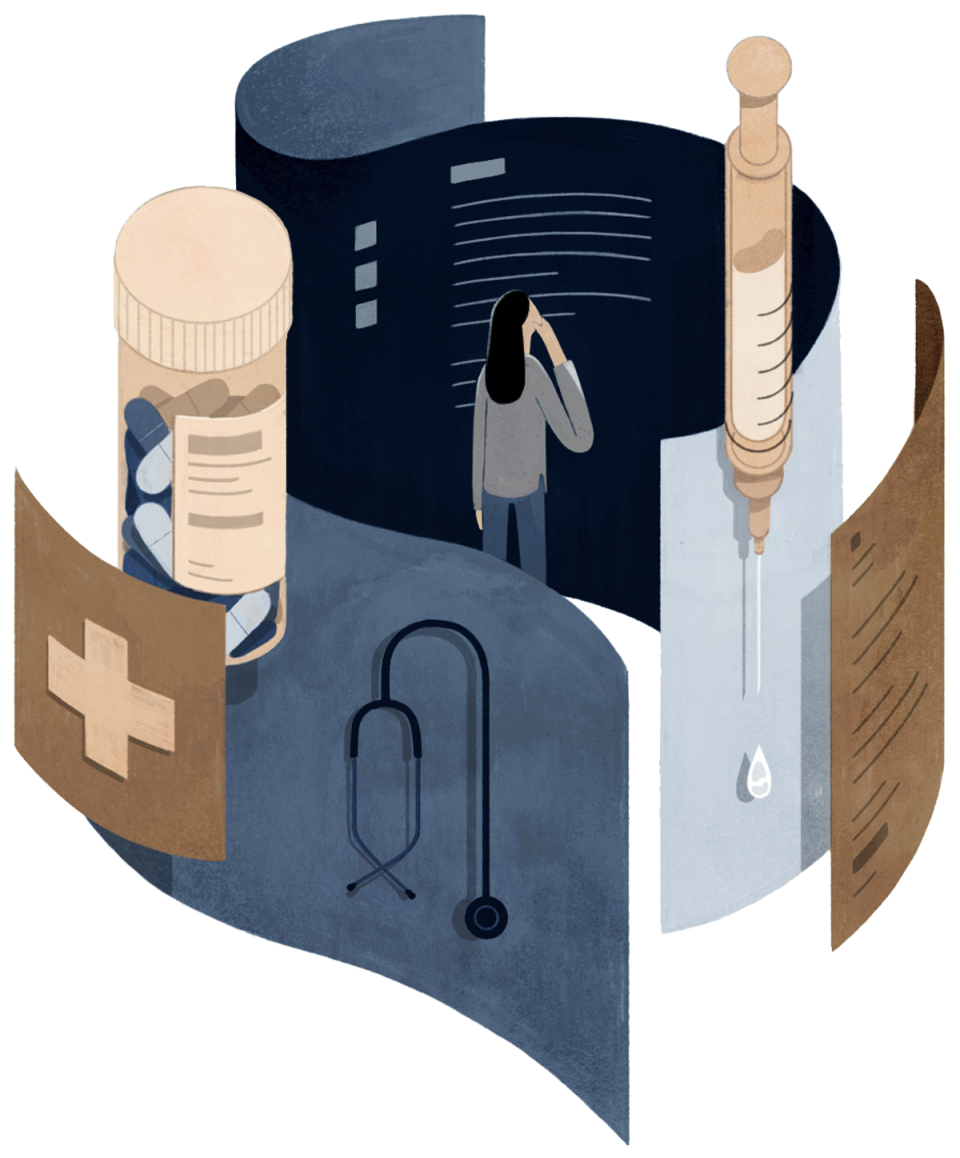 Illustration of a woman inside a swirl of confusing health care items