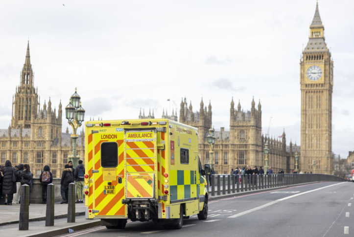 Ambulance crossing Westminster Bridge in London, U.K.