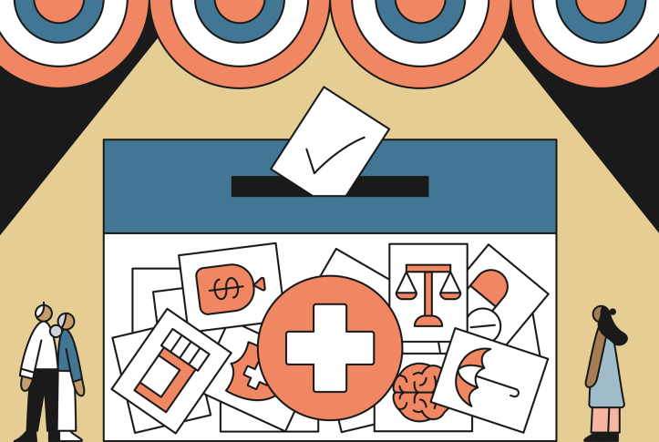 Illustration of ballot box with a mix of health care images inside