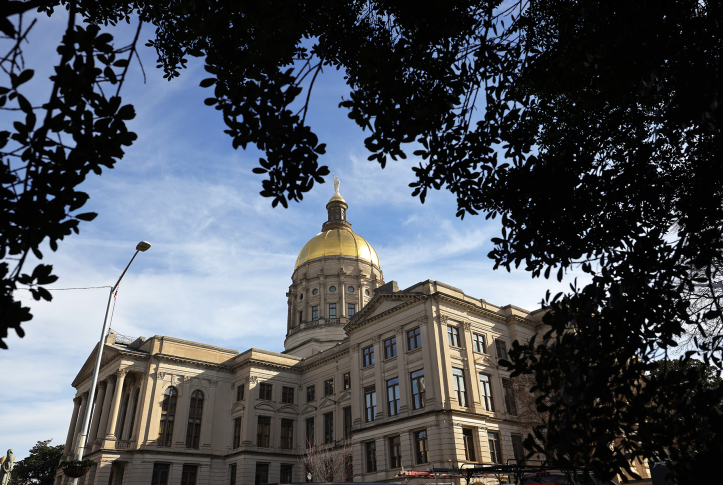 Photo, Side view of Georgia State Capitol building from under a tree