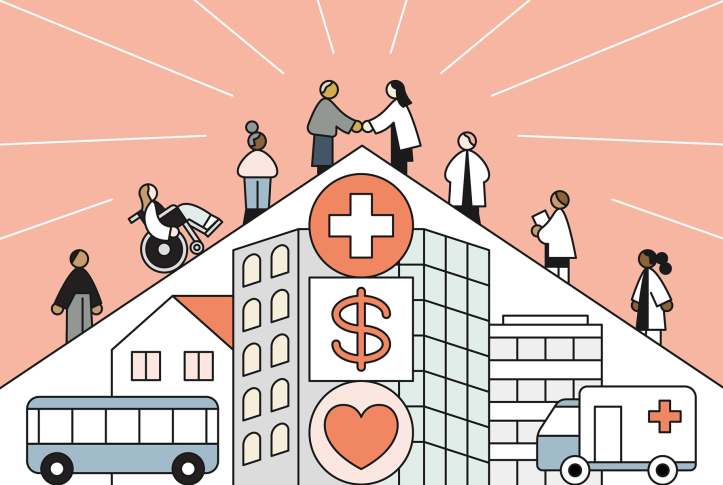 Illustration patients and doctors meeting in a handshake atop icons symbolizing value-based care like a plus sign, dollar sign, and heart.
