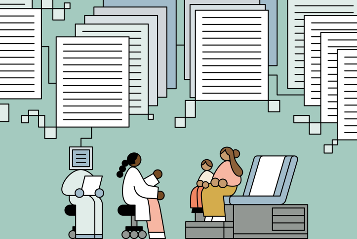 AI bot takes notes which are symbolically floating above them during an interaction between a doctor and a parent with her child, the patient.