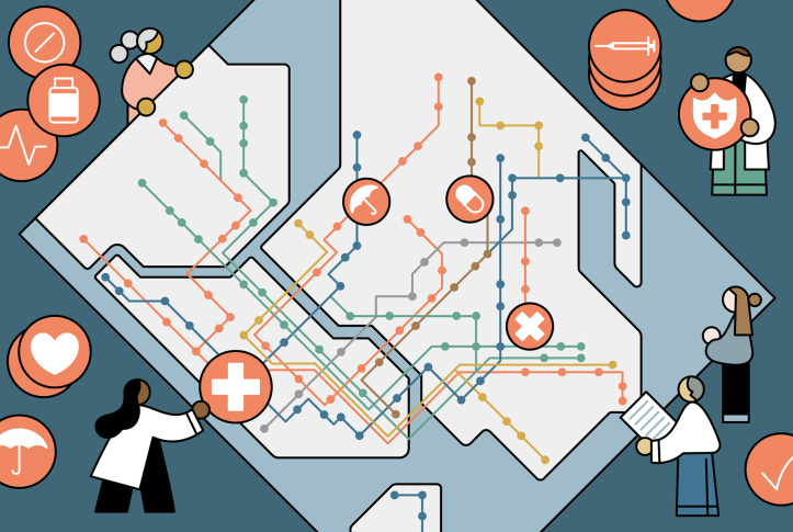 Stylized illustration of NYC subway map with health care symbols as stops
