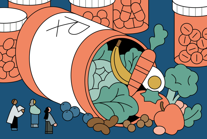 Doctor and others stand next to a large overturned orange pill bottle labeled "Rx" that is overflowing with healthy food.