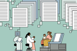 AI bot takes notes which are symbolically floating above them during an interaction between a doctor and a parent with her child, the patient.