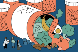 Doctor and others stand next to a large overturned orange pill bottle labeled "Rx" that is overflowing with healthy food.